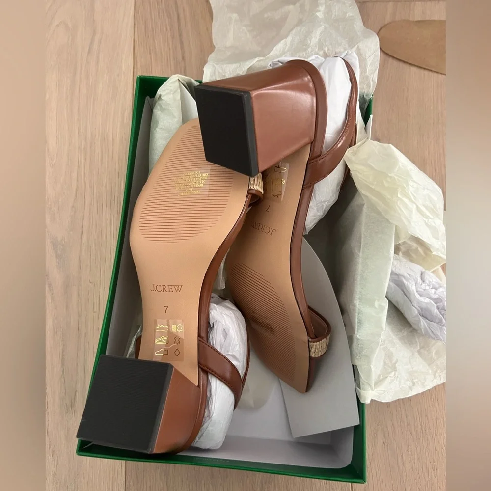 NWT J.Crew Layne Ankle Strap Block Heels Raffia Chestnut Size 7